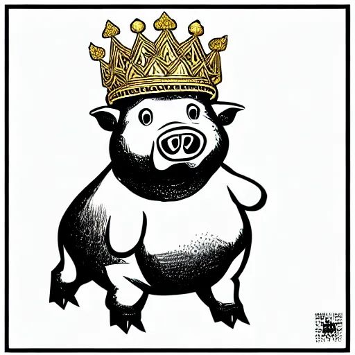 Image similar to standing pig wearing a gold crown on it's head black and white illustration concept art in the style of Arthur Adams, full body 8k