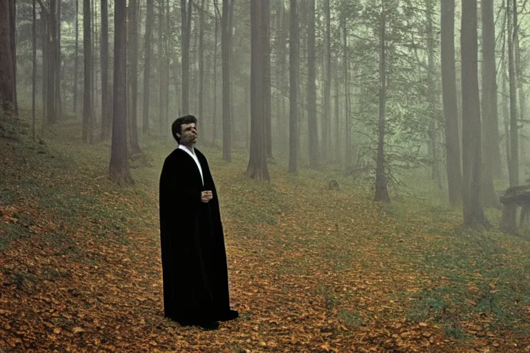 Prompt: vintage kodak film photography from 7 0 s with pro mist filter, close - up man in black robe portrait, forest, in style of joel meyerowitz