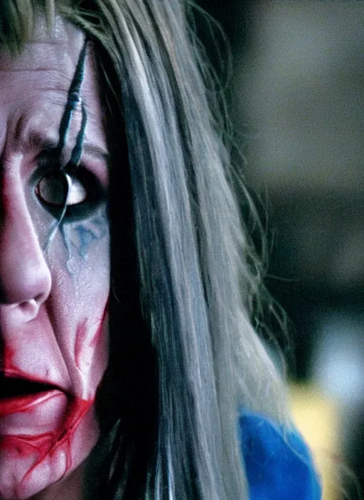 Prompt: film still of Jennifer Aniston as The Joker in The Dark Knight, 4k