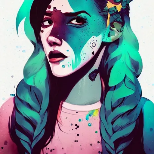 Image similar to Highly detailed portrait of pretty punk zombie young lady with, freckles and beautiful hair by Atey Ghailan, by Loish, by Bryan Lee O'Malley, by Cliff Chiang, inspired by image comics, inspired by graphic novel cover art, inspired by papergirls !! Gradient color scheme ((grafitti tag brick wall background)), trending on artstation