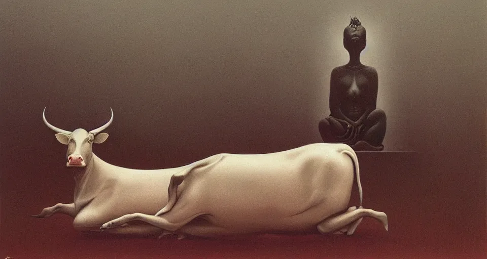 Image similar to Cow sitting in lotus position by Zdzisław Beksiński