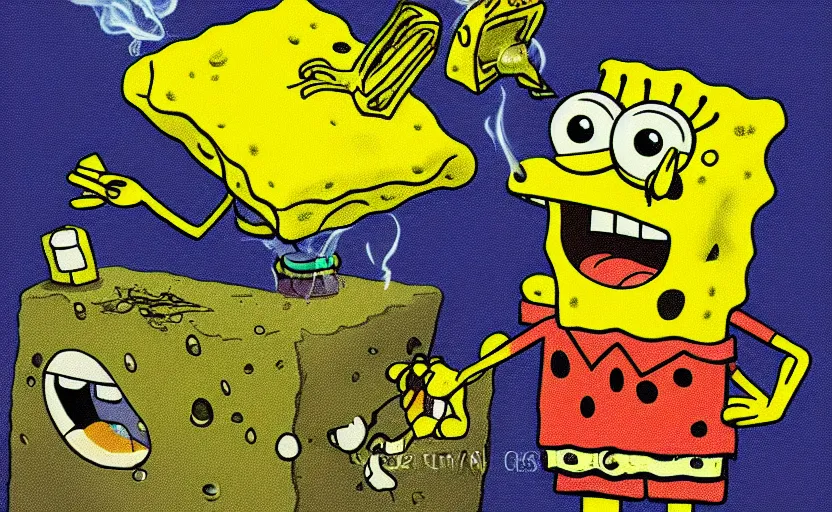 Image similar to SpongeBob smoking a joint . trending on art station, hyper detail, photo quality, 40mm lens