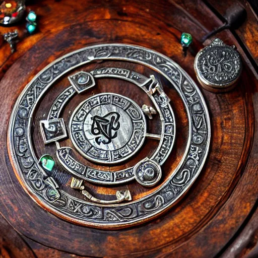 Image similar to a large ornate key with gems and engraved runes, on a wooden dungeon table, d & d, photo