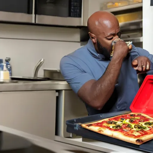 Prompt: a bald black man screaming while putting a pizza in the oven, restaurant security cam footage, high definition