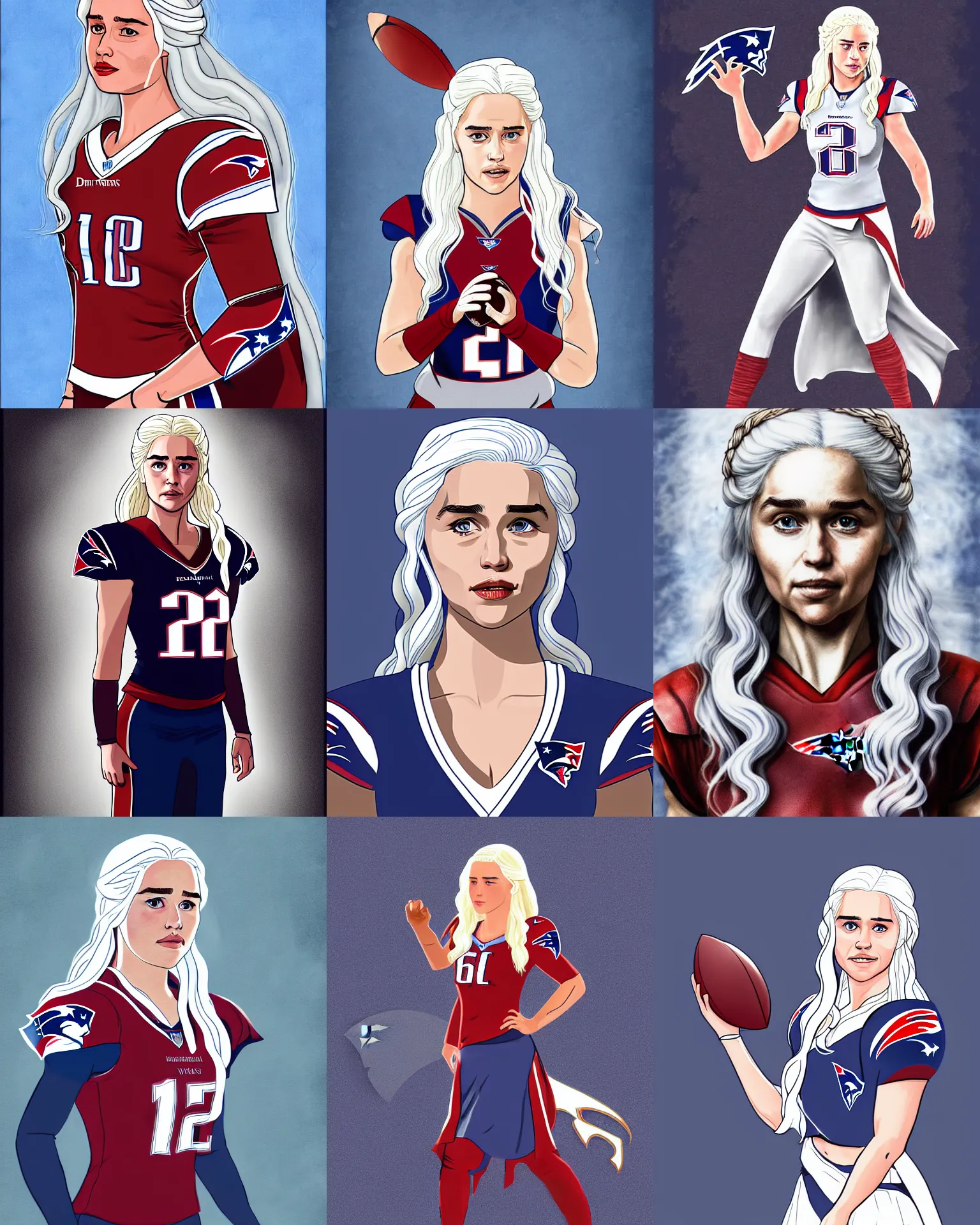 Prompt: daenerys targaryen in a new england patriots uniform, fan art, digital art