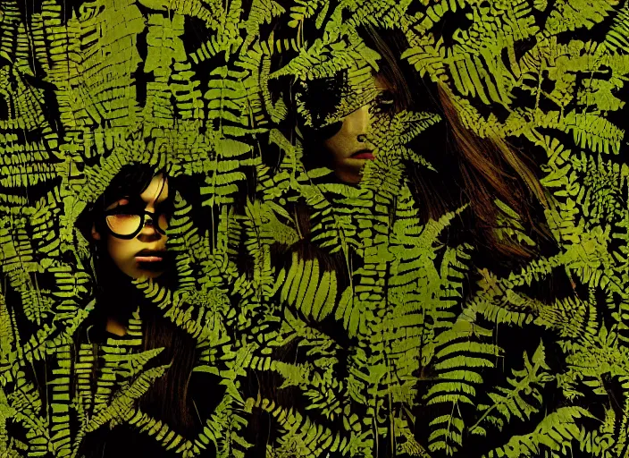 Image similar to a female model with long black hair, emerging from a dense misty forest of fern leaves wearing camouflage by yohji yamamoto, in the style of daido moriyama, double exposure