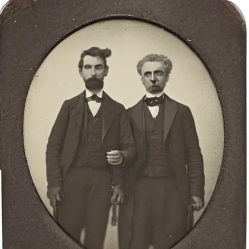 Image similar to tintype photo of rick and morty. 1 8 8 0 s