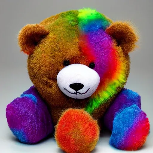 Image similar to teddy bear vomiting rainbow, photorealistic