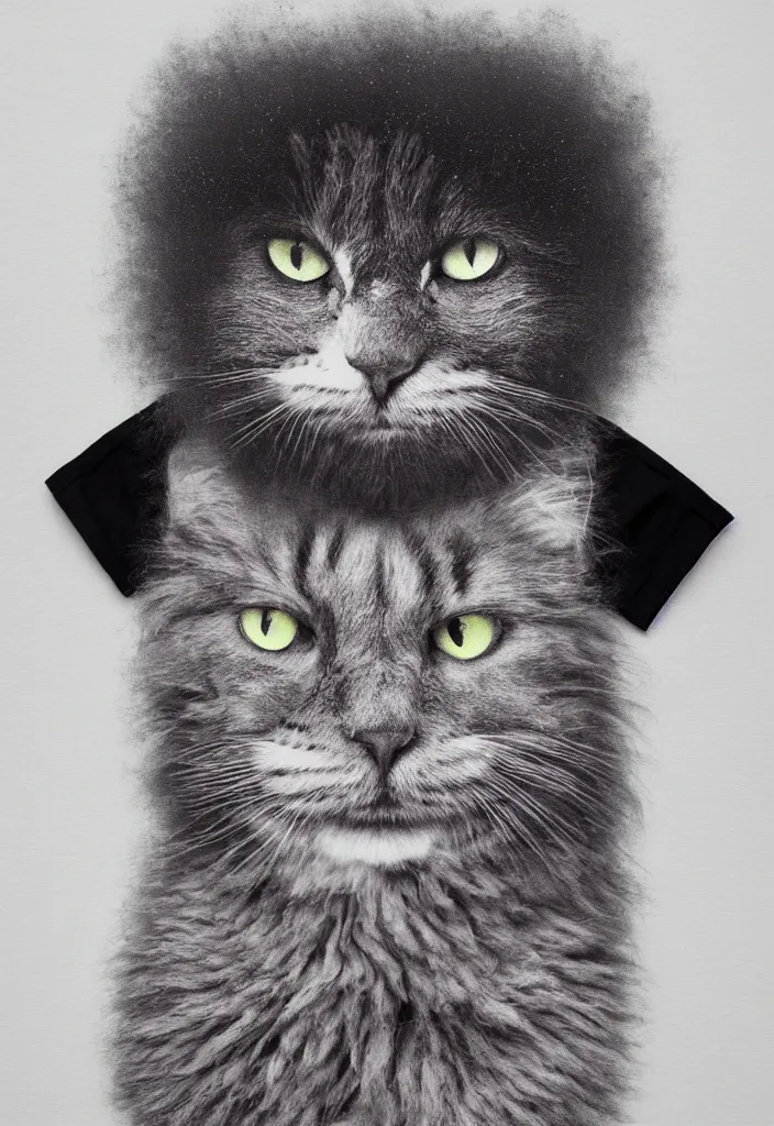 Image similar to fluffy cat with afro comb t - shirt design, by jules julien, dark grisaille monochrome neon spraypaint, ironic surrealism, hypebeast