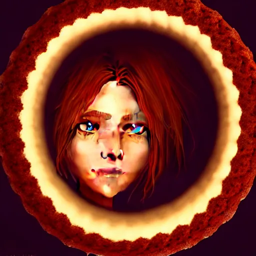 Prompt: portrait of a girl looking through the hole in a bundt cake, digital art, cinematic, concept art, 8k, painting, imaginefx, cgsociety, trending on artstation