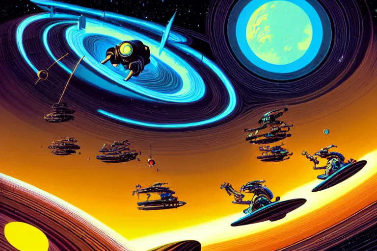 Image similar to artwork by kilian eng and ( dan mumford ) and toshi yoshida and franklin booth showing a speederbike race on the rings of saturn, vintage scifi, high details, dramatic lightning,, 8 k