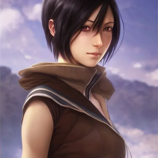 Image similar to mikasa ackerman, bokeh, beautiful face!!!!, 2 7 years old, cg animation, lifelike, animated, realistic, character select portrait, by artgerm, greg rutkowski, alphonse mucha, 3 d