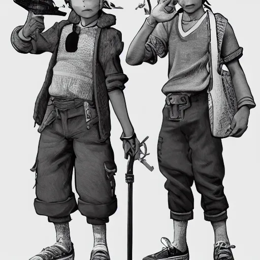 Image similar to rpg character concept art, twin brothers being cute and gangsta, intricate detail, in the style of jamie hewlett kawase hasui riyoko ikeda, 3 d render, artstation trending, 8 k, octane render, photorealistic, sharp detail, manga, black and white