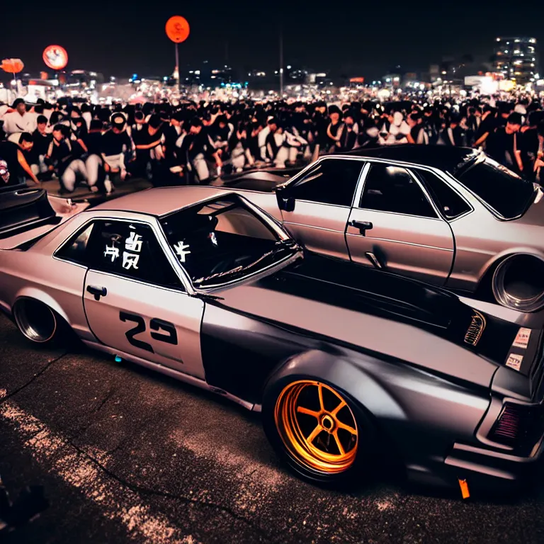 Image similar to a car S30 twin turbo drift at illegal car meet, Gunma prefecture, city midnight mist lights, cinematic lighting, photorealistic, highly detailed wheels, high detail