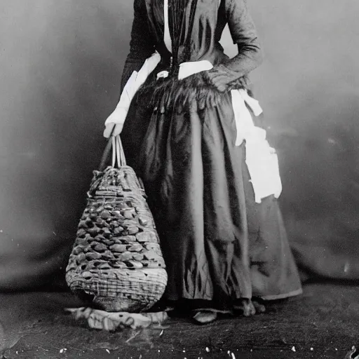 Image similar to a rabbit dressed as an edwardian woman, black and white old photograph