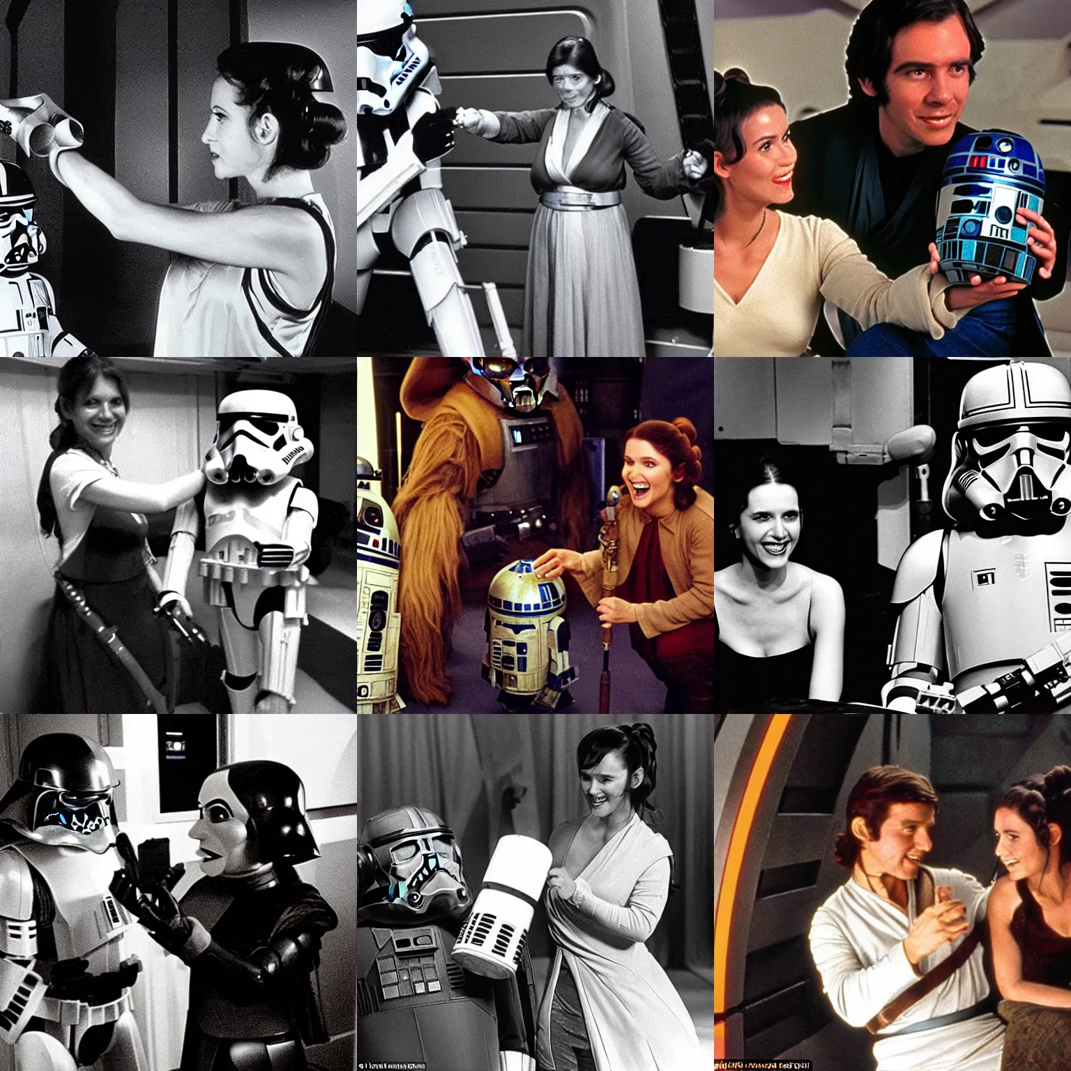 Prompt: star wars behind the scenes photos showing gonk having a good time with leia