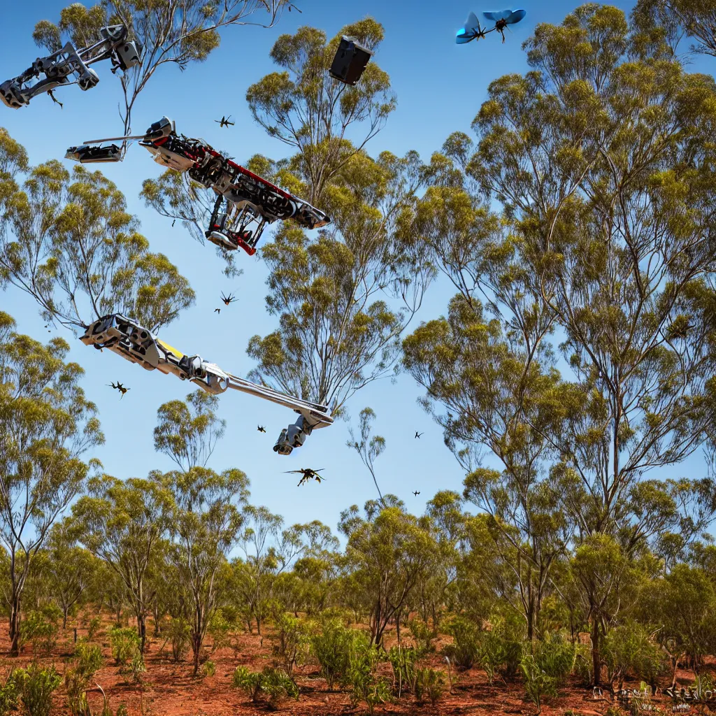 Image similar to robot flying over a food forest, killing wasps with automatic lasers in the australian outback, XF IQ4, 150MP, 50mm, F1.4, ISO 200, 1/160s, natural light