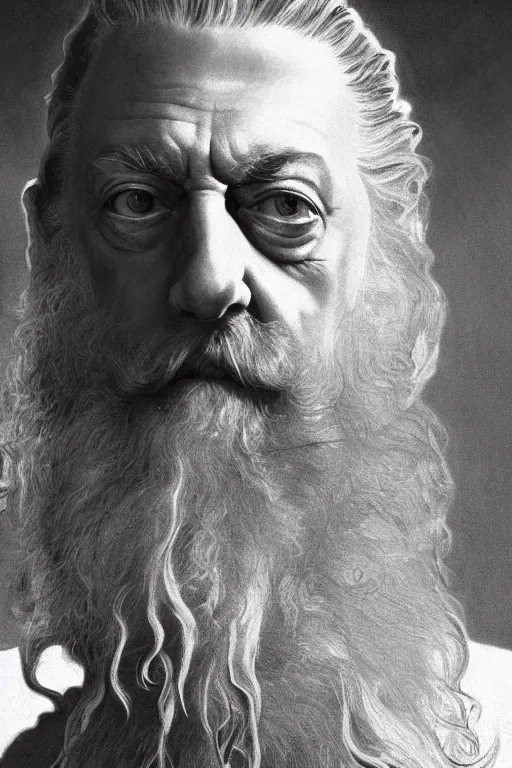 Prompt: a close-up portrait of Alan Moore, dramatic backlighting, golden hour, autochrome, high contrast, highly detailed, sharp focus, digital painting, concept art, illustration, rock, comicpunk, trending on artstation, art by greg rutkowski and greg hildebrandt, composition by alphonse mucha