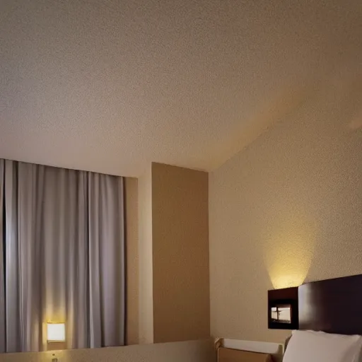 Prompt: hotel floor that's impossible to get to, beige walls, beige lighting, fancy details, windows, night time, window to night time city, 2 4 0 p photograph