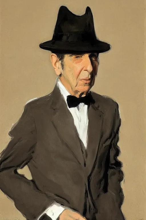 Prompt: “portrait of Leonard Cohen, impeccably dressed, wearing trilby hat, by John Singer Sargent”