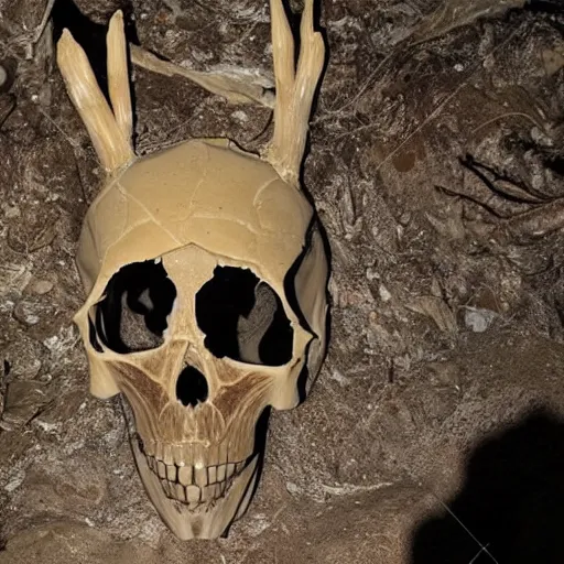 Image similar to humanoid made of translucent brown sludge full of animal bones, it's head is a deer skull with glowing yellow eyes, found in a cave made of clay, found footage, unsettling, flash photography,