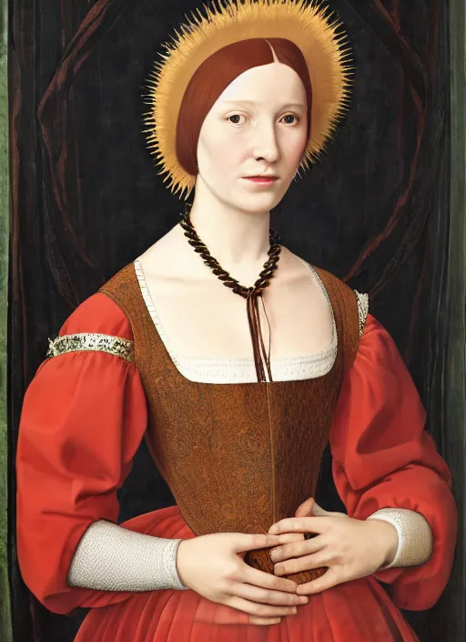 Image similar to portrait of young woman in renaissance dress and renaissance headdress, style by the ex machina