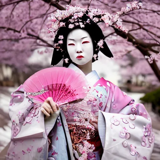 Prompt: portrait of a geisha dressed in metallic clothes, in a ice castle, with cherry blossom flowers around her, award winning photography