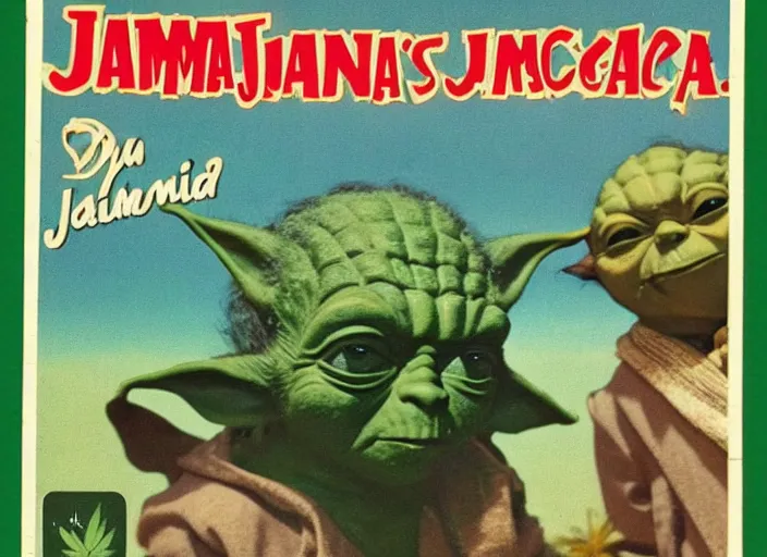 Image similar to vintage travel advertisement for jamaica, of yoda made out of cannabis