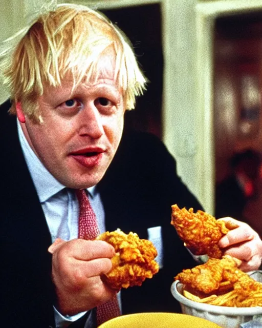 Image similar to film still close - up shot of boris johnson eating fried chicken from the movie monty python's the meaning of life. photographic, photography