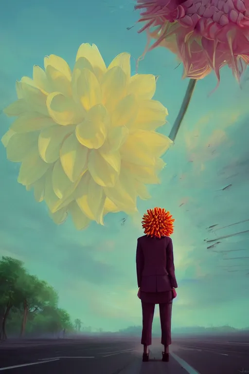 Image similar to closeup giant dahlia flower head, girl in a suit, standing in street, surreal photography, sunrise, dramatic light, impressionist painting, digital painting, artstation, simon stalenhag