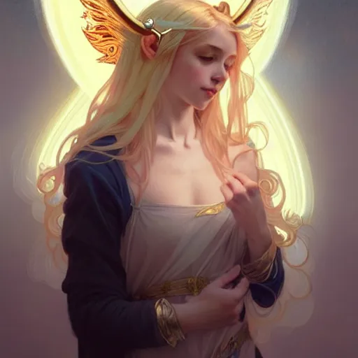 Image similar to Portrait of a girl angel with blonde hair, cat ears, glowing halo, wings, fantasy, intricate, elegant, highly detailed, digital painting, artstation, concept art, smooth, sharp focus, illustration, art by Krenz Cushart and Artem Demura and alphonse mucha