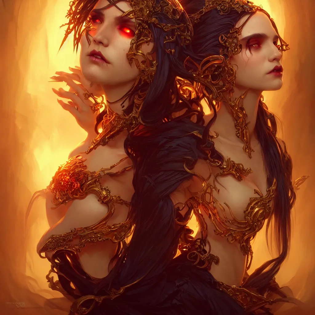 Prompt: Beautiful Evil Necromancer Sorceress, fantasy magic, undercut hairstyle, dramatic lighting, golden hour, close to night, intricate, elegant, sharp focus, illustration, highly detailed, digital painting, concept art, matte, art by WLOP and Artgerm and Greg Rutkowski and Alphonse Mucha, masterpiece