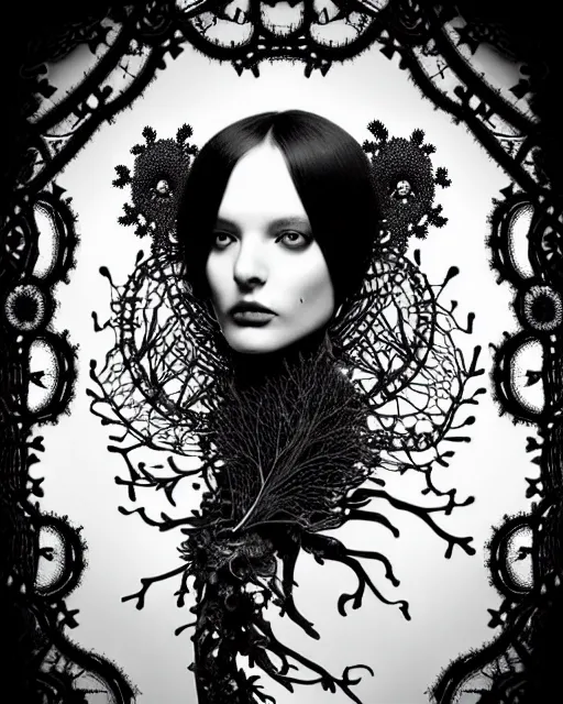 Prompt: surreal dark poetic black and white photo portrait of complex bio-mechanical beautiful young female vegetal-cyborg with a Mandelbrot fractal steampunk metal fine lace face, a very long neck and a fine metal floral foliage super big lace collar by Alexander McQueen:: smoke, high fashion, haute couture, rococo, steampunk, silver filigree details, anatomical, facial muscles, cable wires, microchip, elegant, dreamy, foggy atmosphere, hyper realistic, 150 mm lens, soft rim light, octane render, unreal engine, picture was taken in 1910 by Man Ray, volumetric lighting, dramatic light,8k,