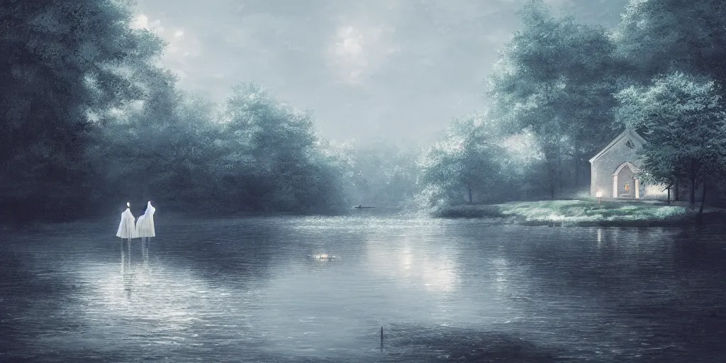 Image similar to the lake in the church is full of white roses, by mikko lagerstedt and makoto shinkai, trending on artstation, 8 k,