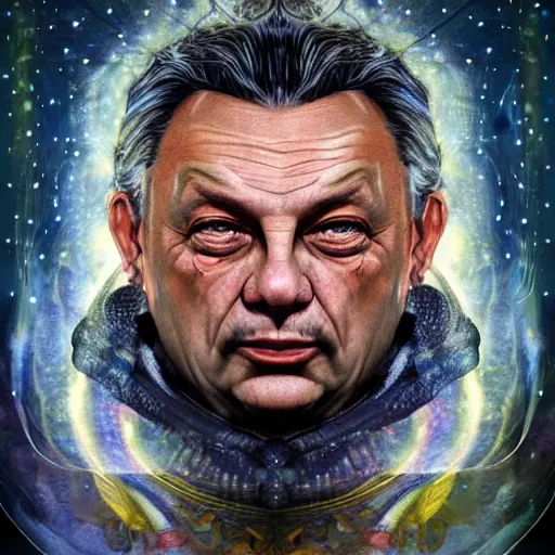 Image similar to a wlop 3 d render of very very very very highly detailed beautiful mystic portrait of viktor orban with whirling galaxy around, tattoos by anton pieck, intricate, extremely detailed, digital painting, artstation, concept art, smooth, sharp focus, illustration, intimidating lighting, incredible art,