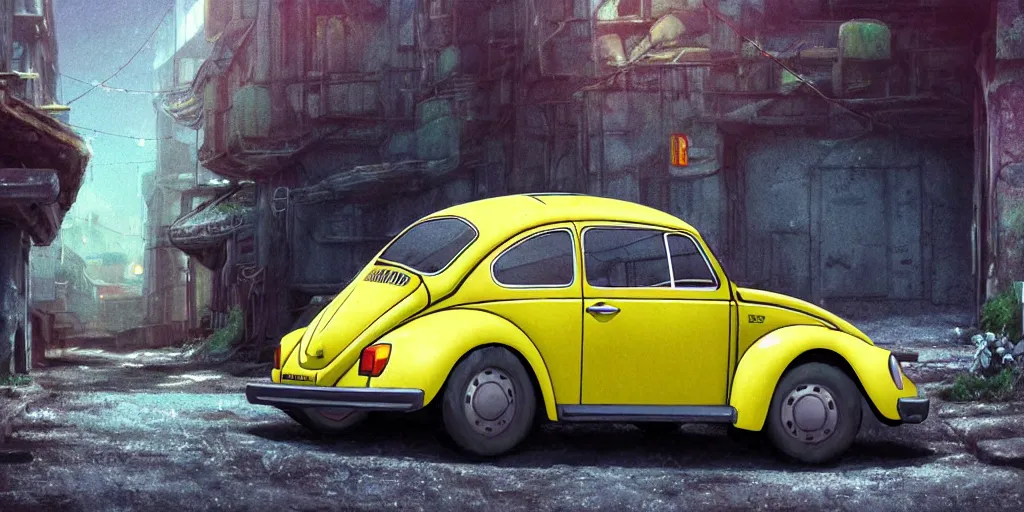 Image similar to a wholesome animation key shot of a focused old yellow beetle Volkswagen car parked in an abandoned alleyway, medium shot, waist up, studio Ghibli, Pixar and Disney animation, sharp, very detailed, high resolution, Rendered in Unreal Engine 5, anime key art by Greg Rutkowski, Bloom, dramatic lighting