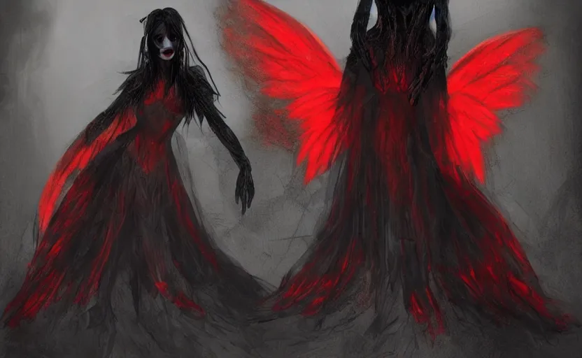 Image similar to Female dark angel in gothic red and black dress, their black wings are extended. She is in the bioluminescent forest. Horror scene, highly detailded. Cinematic fantasy concept art