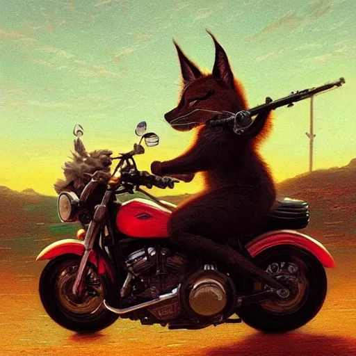 Prompt: cute fluffy caracal riding a harley motorcycle, road, sunset. adventurous, atmospheric lighting, stunning. by ted nasmith, gaston bussiere, craig mullins, j. c. leyendecker, rossdraws, james jean, andrei riabovitchev, marc simonetti, krenz cushart, trendig on artstation, digital art