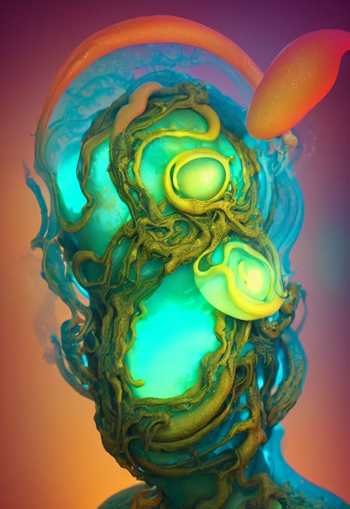 Image similar to subsurface scattering, alien made of soft wax, cgsociety, translucent, organic squid and ceramic art nouveau swirls, golden orbs, colored smoke, in the style of alberto seveso and ruan jia and beeple and giger, mystical colors, back light, rim light, dramatic lighting, 8 k, stunning scene, raytracing, octane render