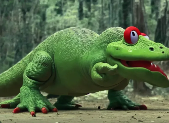 Image similar to film still of yoshi in the new sci - fi movie, cute upright standing upright upright dinosaur standing on its hind legs with a small red turtle shell and sticking out a long sticky tongue, 8 k