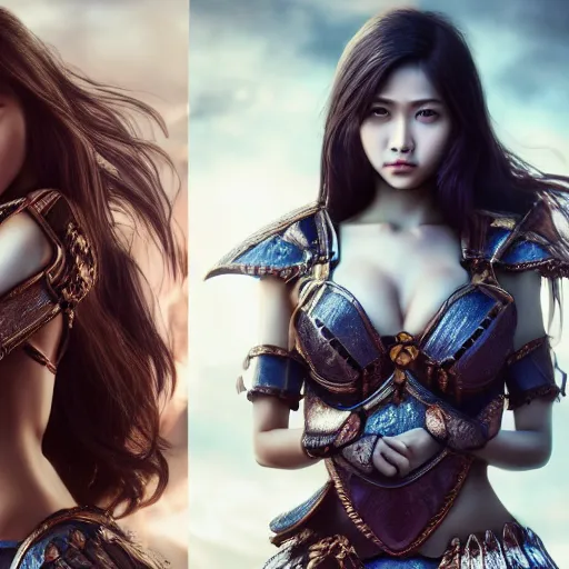 Prompt: a portrait of a full body beautiful asian girl, young with long hair, safi'jiiva armor, horror scene, hyper - realistic, very detailed, intricate, very sexy pose, slight smile expression, unreal engine, by artgerm, wlop and ross thran, dramatic cinematic lighting rendered by octane, 8 k, detailed