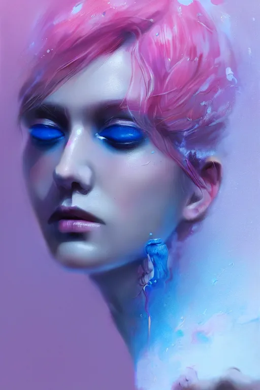 Prompt: 3 d, close - up, liquid white oil, fashion model, deep blue fog, smoke, poster art, high detail, intricate oil painting, multiple exposure, deep pink color palette, hyperrealism, 3 d, by tooth wu and wlop and beeple and greg rutkowski