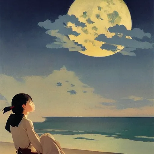Prompt: NIGHT SEA, moon, DARK SCHEME, by studio ghibli painting,by Joaquin Sorolla rhads Leyendecker, by Ohara Koson and Thomas, cloud.