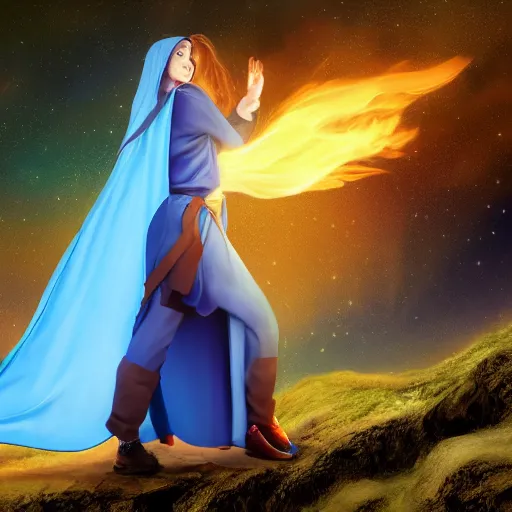 Image similar to high definition illustration of young mage woman with long blue cape, fire in outstretched hand, flowing brown hair, enjoying the view of a horizon of close planets in the sky, dense jungle, high definition, extremely detailed, hyper realism