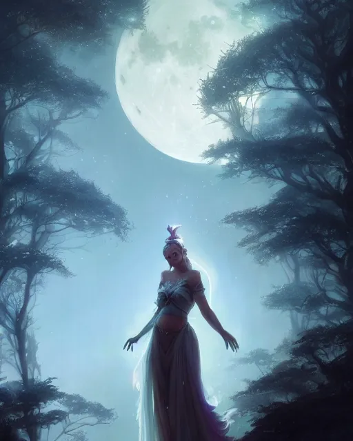 Image similar to attractive fairy goddness fly high in the night, d & d, fantasy, mist, full moon in background, trees, hyper detailed, art by artgerm and greg rutkowski and magali villeneuve, midium shot, 8 k realistic, cryengine, digital painting, trending on artstation, concept art, sharp focus, illustration,