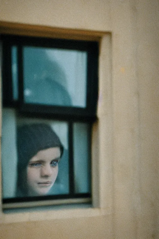 Image similar to kodak portra 4 0 0 photograph of a person looking out their window, eyes, beautiful eyes, stunning eyes, close up, telephoto, faded effect, grain,