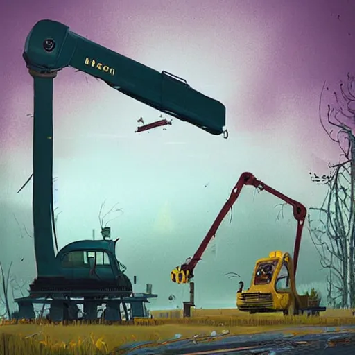 Image similar to an abandoned giant crane shaped like a beetle, art by simon stalenhag