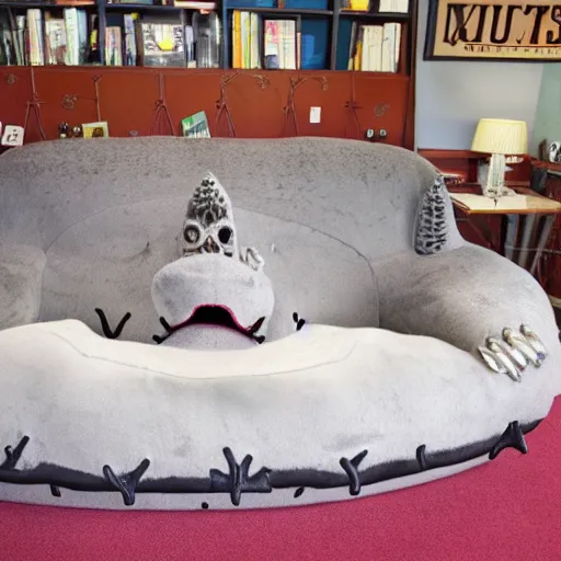 Prompt: a giant sofa with horrific teeth swallowing a person's arm