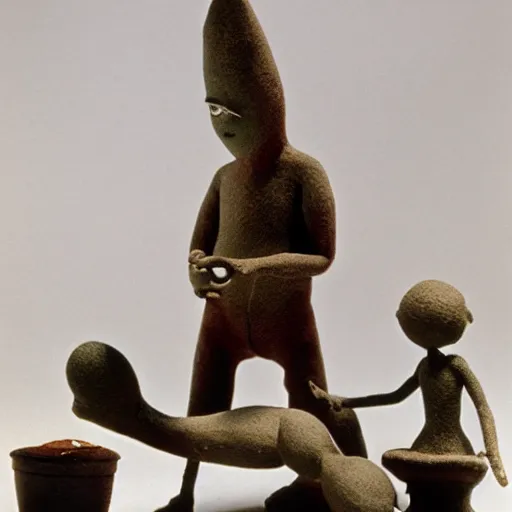 Image similar to a claymation film still of statuette / anthropomorphe / bresil / bahia / collection / fonction jeu et jouet / claymation by bruce bickford / 6 0 s