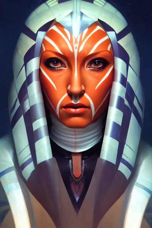 Image similar to ahsoka tano profile picture by greg rutkowski, dynamic pose, aesthetic, golden ratio, flat matte painting, intricate, futuristic, fantasy, elegant, by stanley artgerm lau, greg rutkowski, thomas kindkade, alphonse mucha, loish, norman rockwell, fantasy lut, fluid lines,